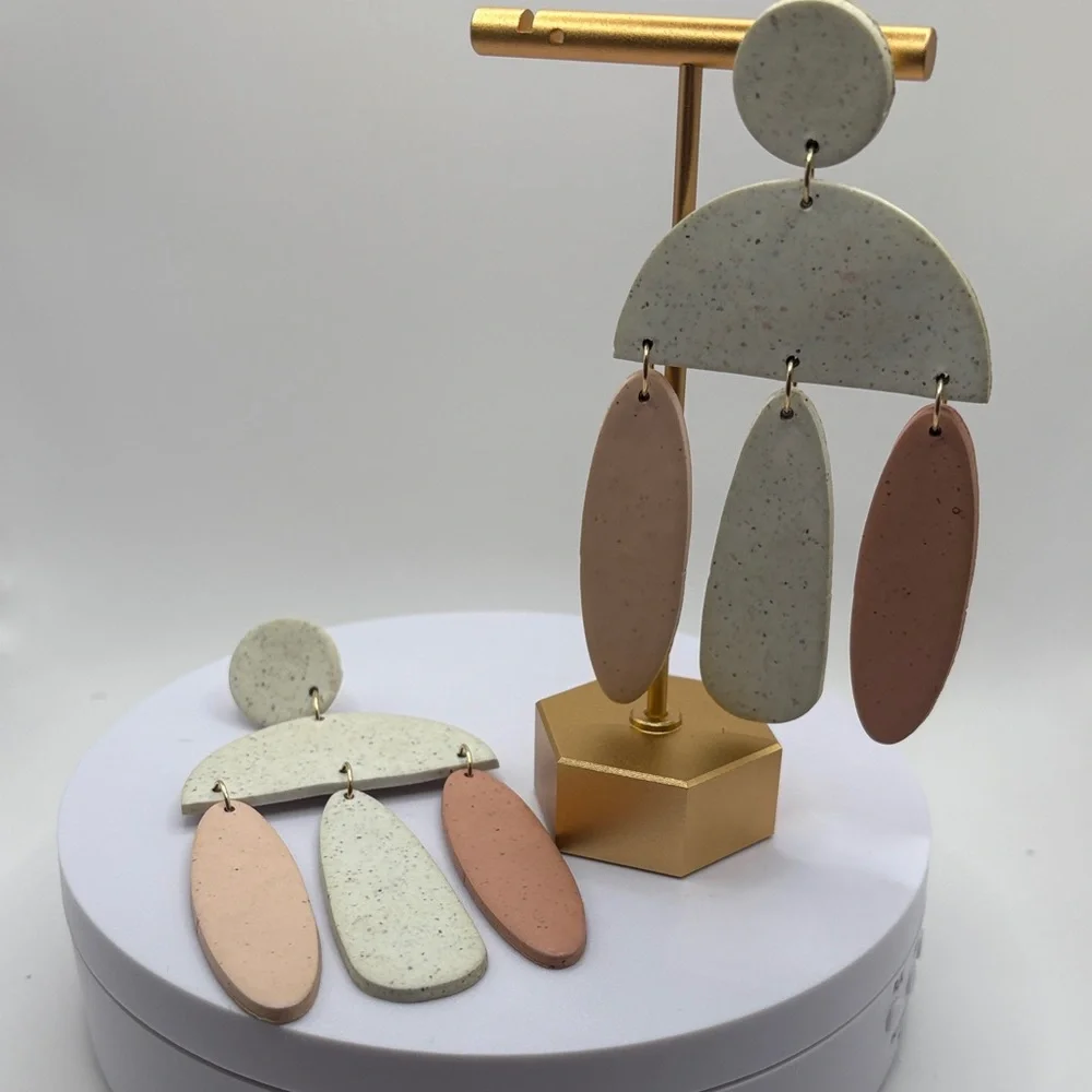 Modern Geometric Speckled Polymer Clay Dangle Earrings - Neutral Gray & Tan